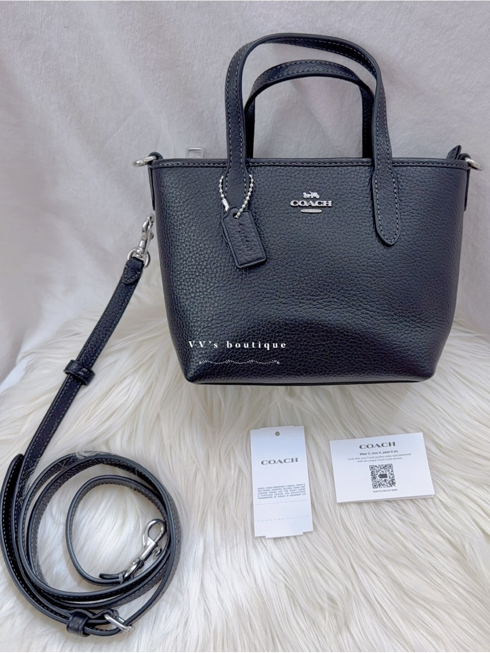 NWT Coach City Mini Tote Bag Pebble Leather Crossbody Bag Black Silver CW031